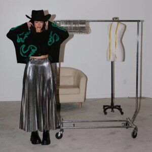 Metallic Pleated Midi Skirt in Sterling Silver